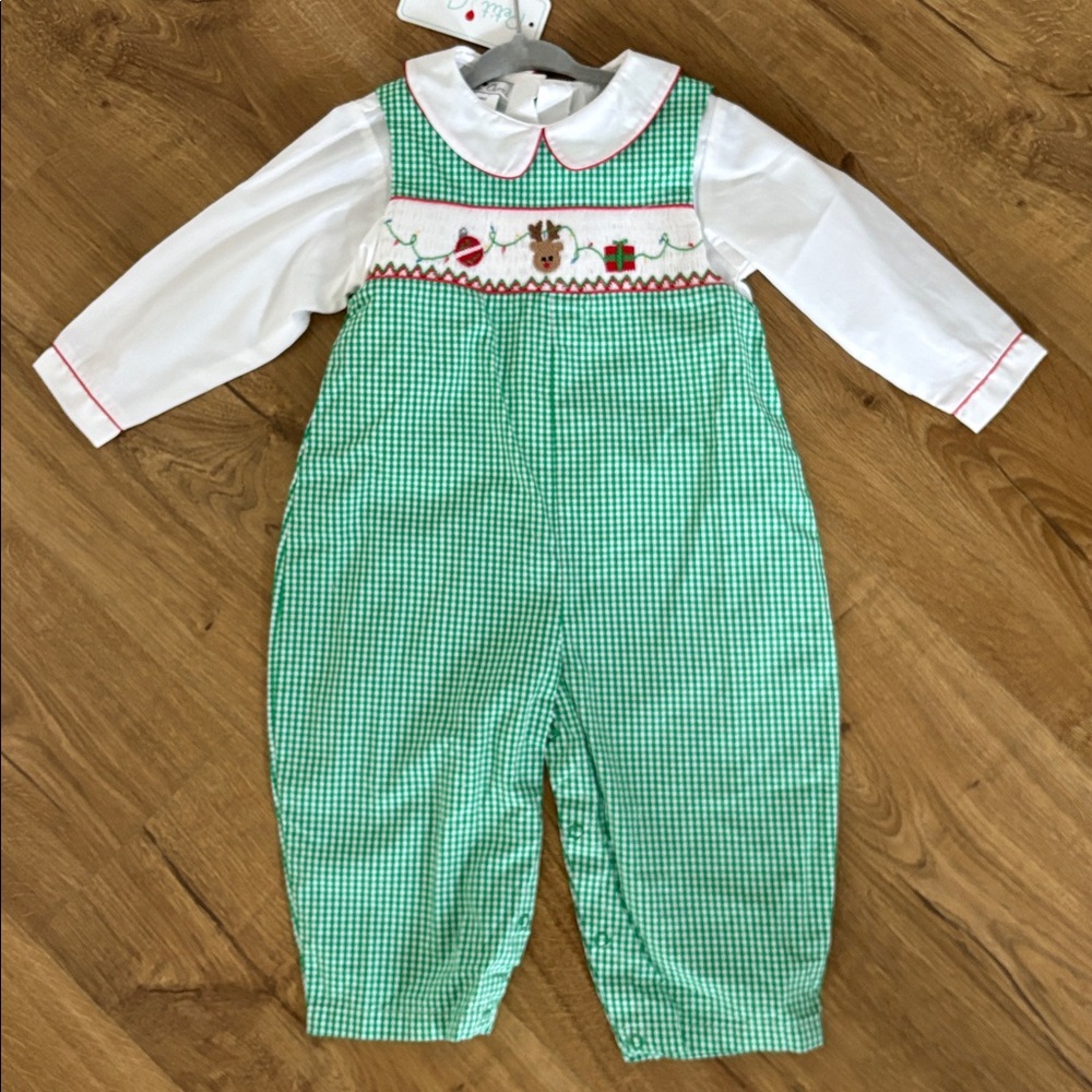 Petit Ami Christmas Green Gingham Romper with Embroidery 24M NWT